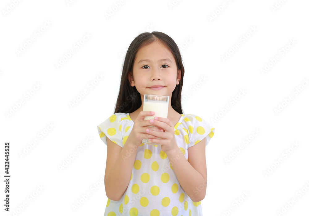 Portrait of Asian little child holding glass of milk isolated on white background Portrait of Asian little child holding glass of milk isolated on white background