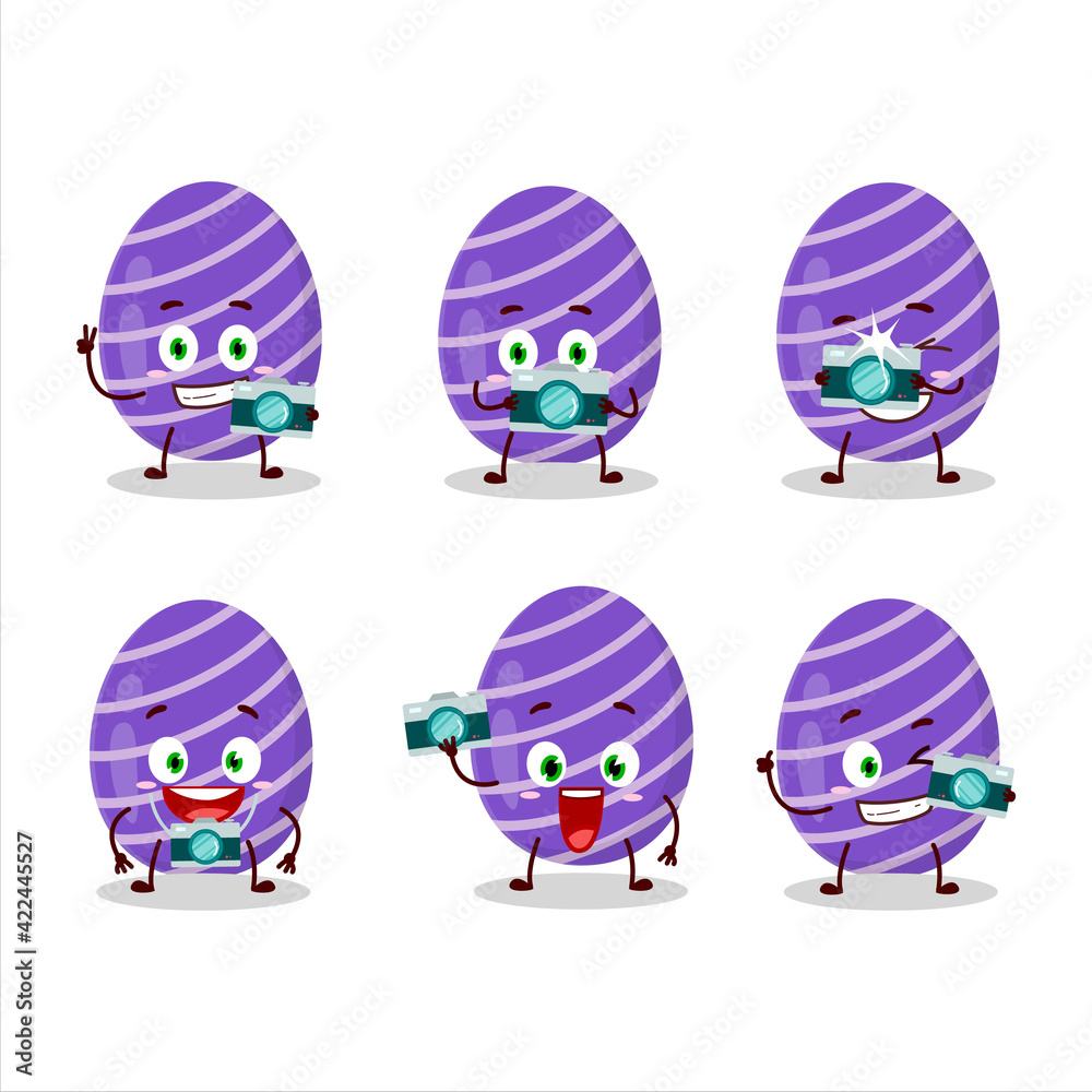 Photographer profession emoticon with purple easter egg cartoon character