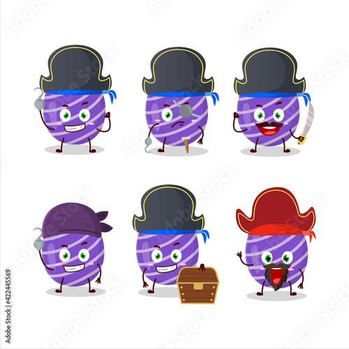 Cartoon character of purple easter egg with various pirates emoticons