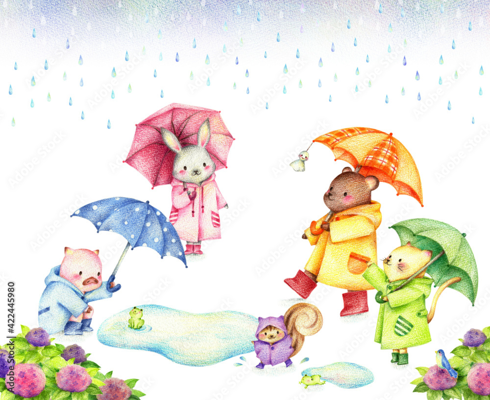 雨の中傘をさす動物たち 手描き色鉛筆 Stock イラスト Adobe Stock