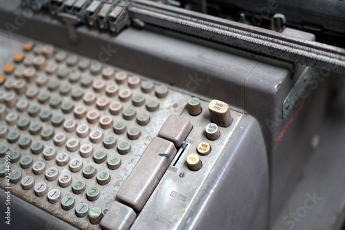 Vintage 50s Bank Office with Retro Calculation Equipment and banking Money Machine.