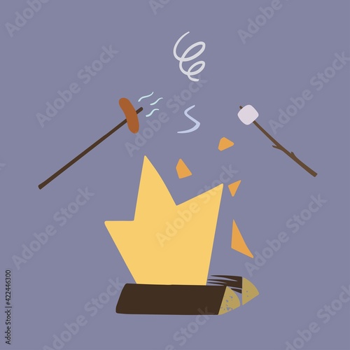 Campfire with grilling sausages and marshmallows. Illustration in simple cartoon doodle hand drawn style.