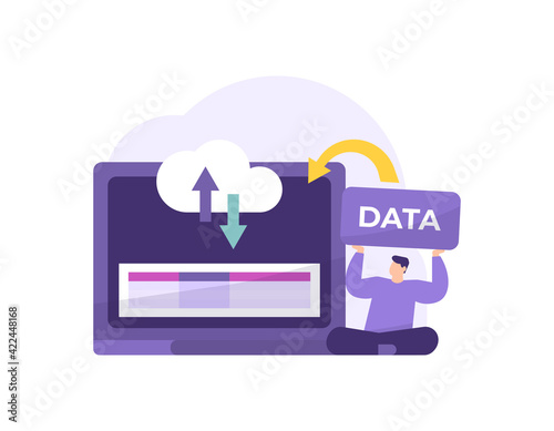 a concept of data entry, data input, database management. a male staff Enter data or information into the company database server using a laptop. flat style. vector illustration design