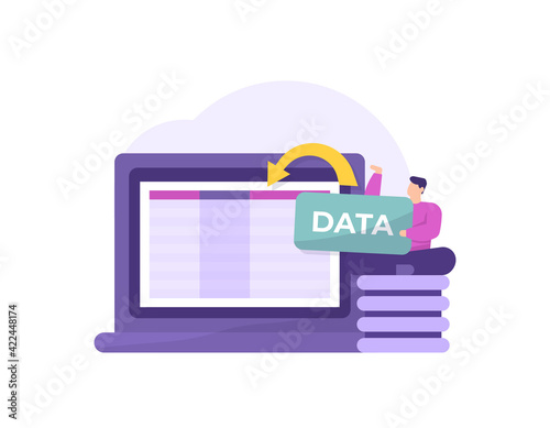 a concept of data entry, data input, database management. a male staff Enter data or information into the company database server using a laptop. flat style. vector illustration design
