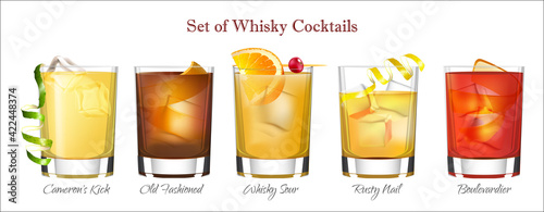 Set of Whisky Cocktails, Vector Format In Isolated Background.