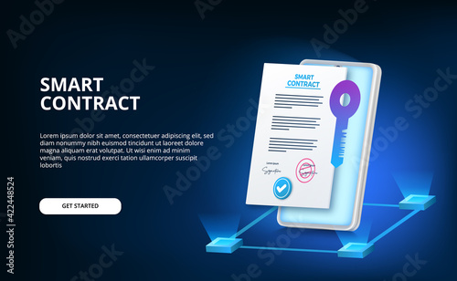 Digital smart contract for electronic sign document agreement security, finance, legal corporate. phone illustration with certificate with key protection security