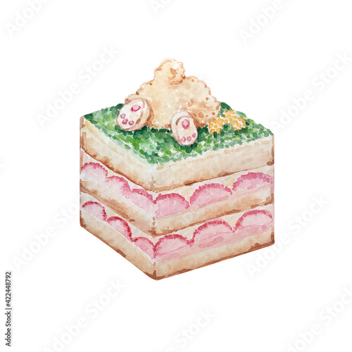 Watercolor Easter sweets, pastries. Sweet bunny cake