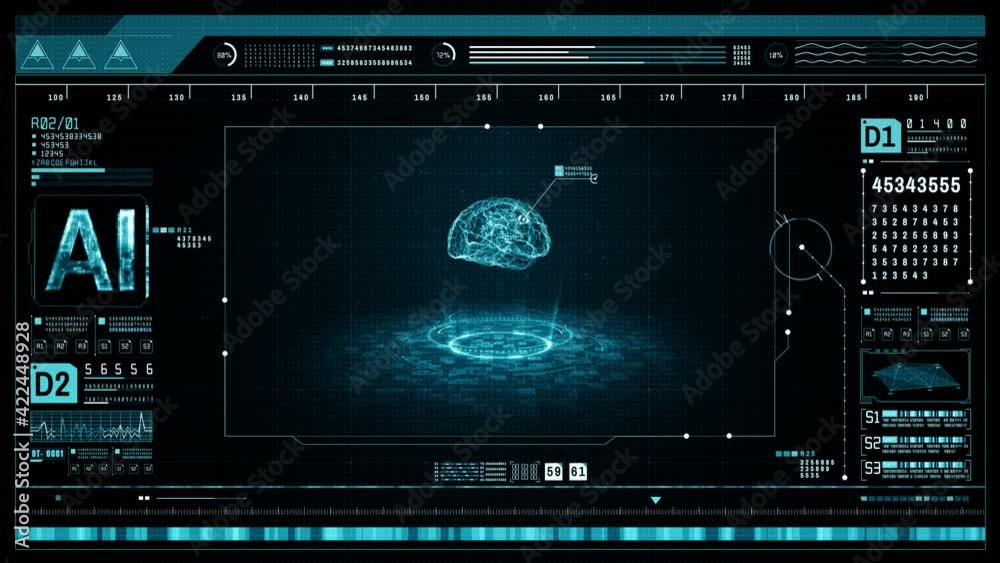 Artificial intelligence concept. Brain over a circuit board and scanning. Graphic user interface head-up display. Future technology digital screen background