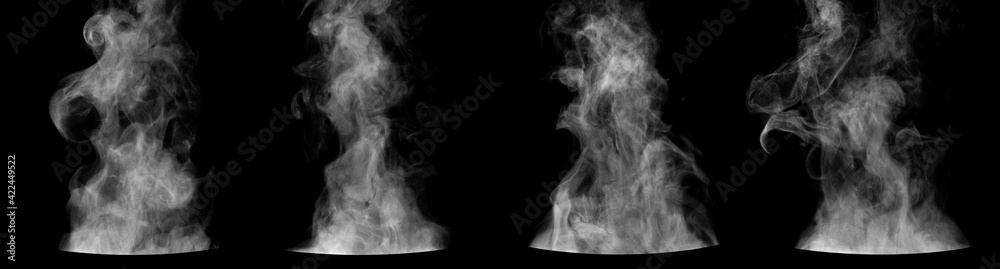 Set of steam from round dishes - pots, mugs or cups isolated on black background Set of steam from round dishes - pots, mugs or cups isolated on black background