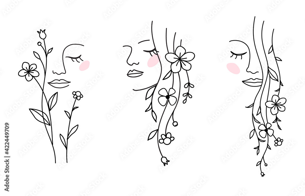 One line drawing. Set of abstract beautiful girl with flower and leaf in  long hair. Decorative female beauty icon with floral pattern. Natural  cosmetic concept. Vector illustration Stock Vector