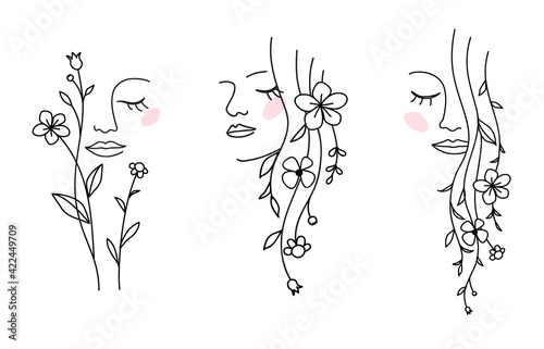 One line drawing. Set of abstract beautiful girl with flower and leaf in long hair. Decorative female beauty icon with floral pattern. Natural cosmetic concept. Vector illustration	