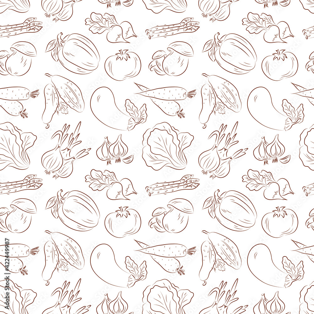 Vegetables seamless pattern. Vegetables black and white background. Lettuce, onions, garlic, asparagus, mushrooms, radishes, bell peppers, tomatoes, carrots, cucumbers, eggplant