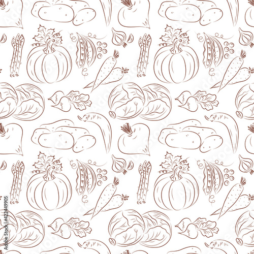 Vegetables seamless pattern. Vegetables black and white background. Beets, potatoes, asparagus, garlic, pumpkin, green peas, carrots, cabbage, radish, hot pepper chili
