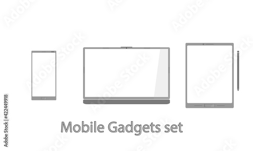 A set of gadgets - tablet, phone and laptop in a moderate gray color. Flat vector illustration with volume