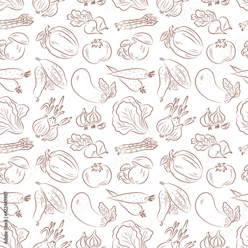 Vegetables seamless pattern. Vegetables black and white background. Lettuce, onions, garlic, asparagus, mushrooms, radishes, bell peppers, tomatoes, carrots, cucumbers, eggplant