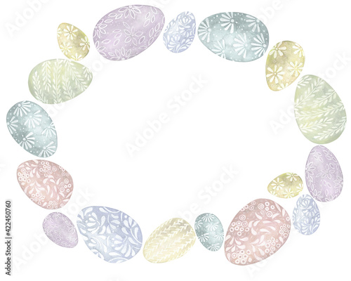 Watercolor oval shaped frame of easter eggs in delicate pastel colors with botanical motive. Hand drawn watercolour easter eggs template for cards, invitations