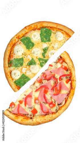 Pizza, two halves isolated on a white background. Versus concept. Appetizing pizza.