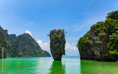 Scenic seascape of Great Limestone Rock, James Bond Island, with Turquoise Andaman Sea in Summer at Phang-gna Bay, Phang-gna, Thailand