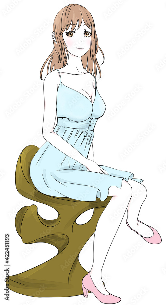 座る可愛いワンピースの女の子 座る可愛いワンピースの女の子