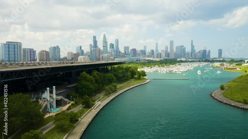 Aerial View of McCormick Place, Burnham Harbor with City Skyline in Background. Fixed photo