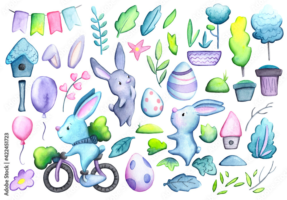 Cute rabbits and Easter eggs spring watercolor clipart on white background. Bunny character and painted eggs for Easter seasonal greetings. Spring time holiday handdrawn clipart. Easter sticker set