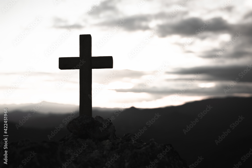 Religious concepts. Christian wooden cross.  Jesus Christ cross, Easter, resurrection concept.