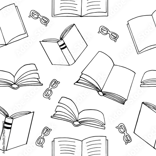 books and glasses seamless pattern. hand drawn doodle style. vector, minimalism, monochrome, sketch. wallpaper, textile, wrapping paper, background. reading, education, bookstore, science.