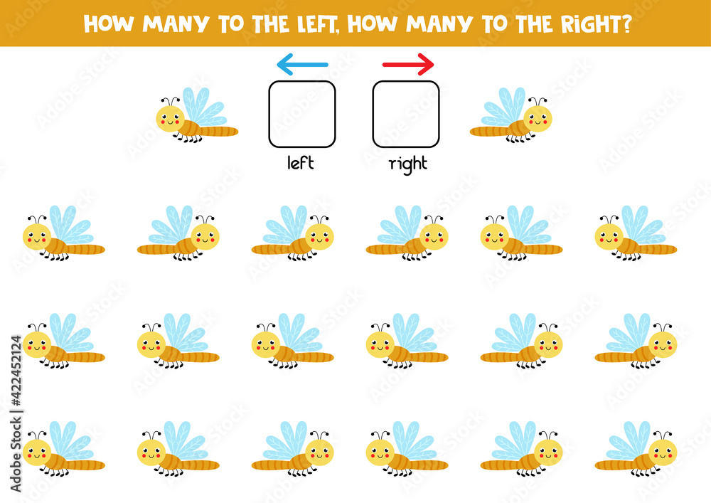 Left or right with cute dragonfly. Logical worksheet for preschoolers.