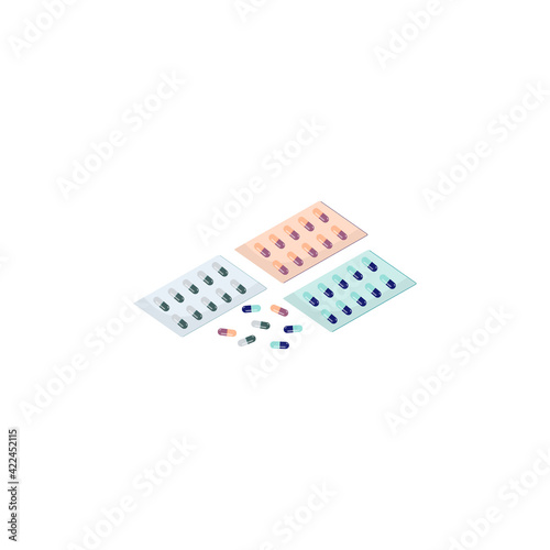 Blister packaging of tablets and capsules. A set of medicines. Painkillers, antibiotics, vitamins and aspirin in the pharmacy. Vector