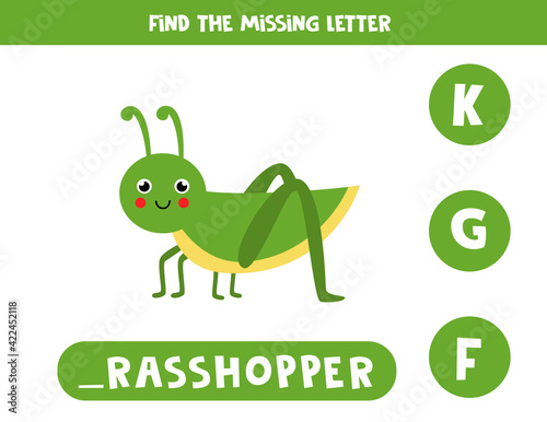 Find missing letter with cute grasshopper. Spelling worksheet.