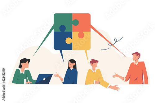 People connecting speech bubble puzzle elements