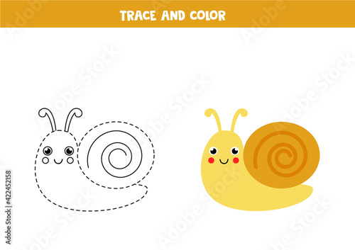 Trace and color cute snail. Worksheet for kids.