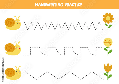 Trace the lines with cute snail and flowers. Writing practice.