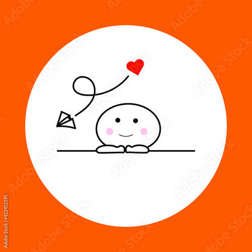Round head cartoon sitting looking at the heart passing by the paper rocket