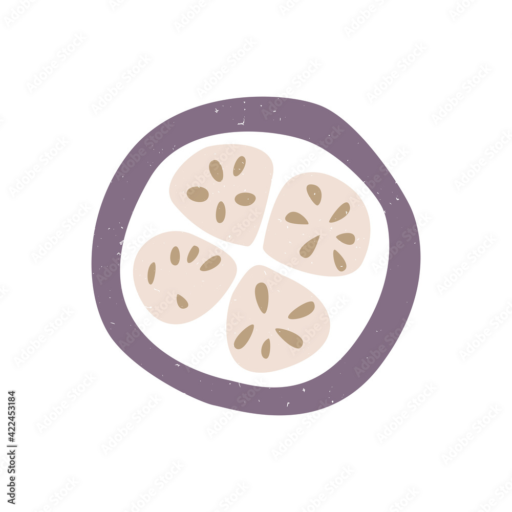Cute eggplant slice icon isolated on white background. Colorful pictogram original design. Can be used for infographics, identity or decoration. Vector shabby hand drawn illustration Cute eggplant slice icon isolated on white background. Colorful pictogram original design. Can be used for infographics, identity or decoration. Vector shabby hand drawn illustration