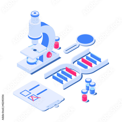 3d set of laboratory elements. Microscope, ampoules, magnifier, tablet, DNA. Vector illustration in modern isometric style. Isolated on white background