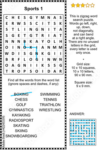 Sports zigzag word search puzzle 1 (suitable both for kids and adults). Answer included.

