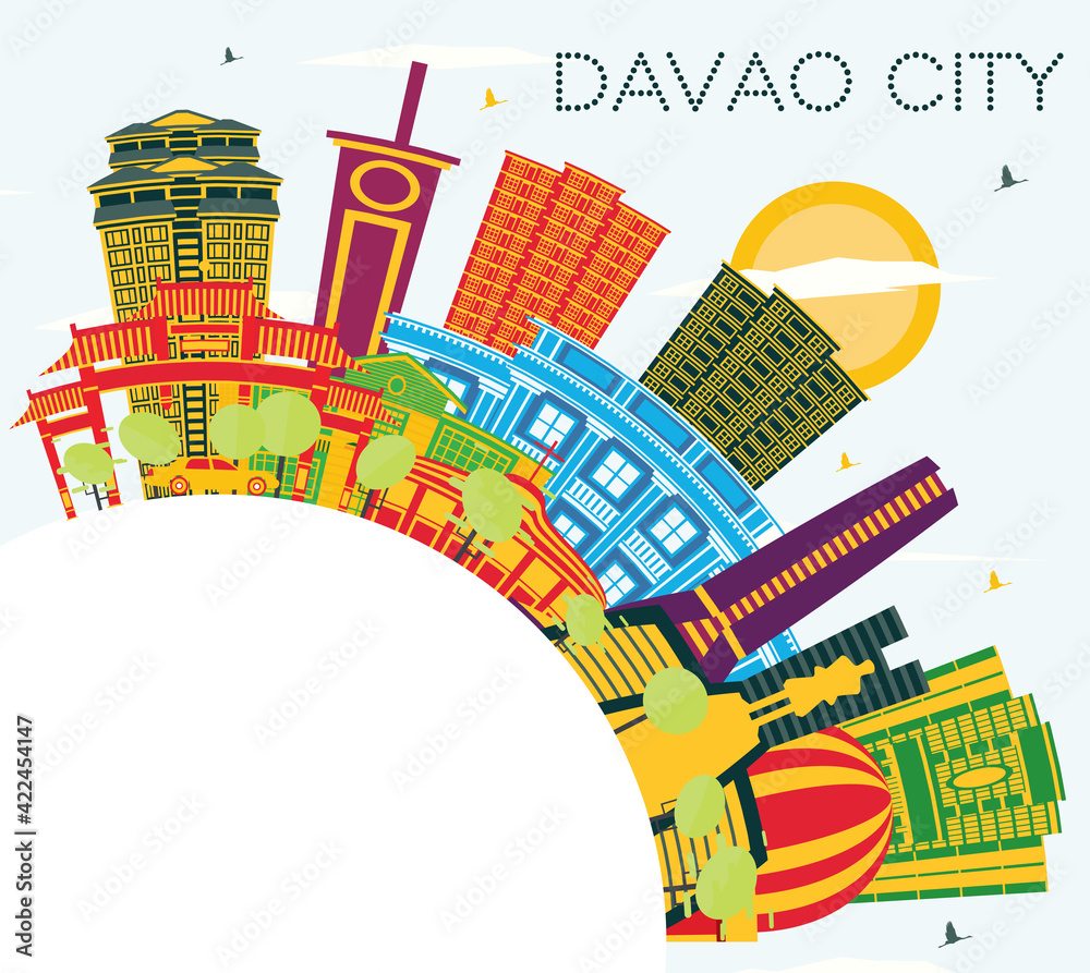Davao City Philippines Skyline with Color Buildings, Blue Sky and Copy Space.