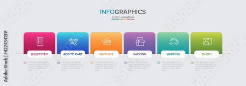 Concept of shopping process with 6 successive steps. Six colorful graphic elements. Timeline design for brochure, presentation, web site. Infographic design layout.