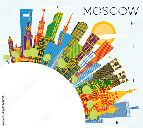 Moscow Russia City Skyline with Color Buildings, Blue Sky and Copy Space.