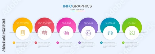 Concept of shopping process with 6 successive steps. Six colorful graphic elements. Timeline design for brochure, presentation, web site. Infographic design layout.