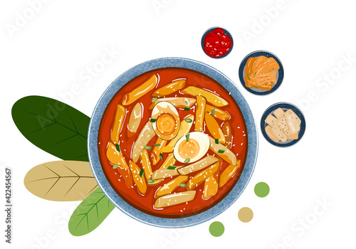 Tteokbokki, isolated Korean rice cakes with boiled eggs in a bowl on white background. Close up top view Asian food vector illustration. photo