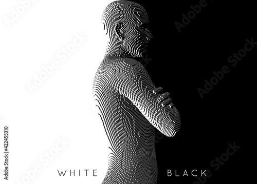 Man crossing his arms over his chest. Positive or negative concept. Each choice has a white side and a black side. Management or leadership. Voxel art. 3D vector illustration.