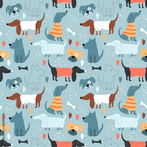 cute vector seamless pattern with hand drawn difference funny dogs naive childish ornament. pattern for printing on fabric, clothing, wrapping paper, wallpaper for a kid's room, baby things