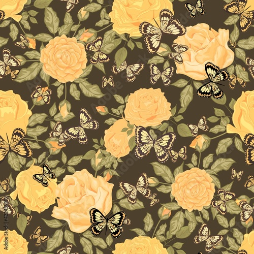 Wallpaper Mural Beautiful butterflies and bouquets of roses. Floral Seamless pattern. Pastel colors. Isolated background. Torontodigital.ca