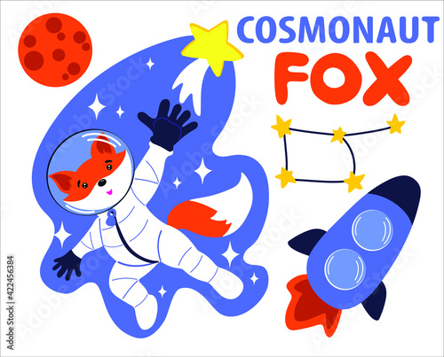 Cute fox astronaut in outer space. Cartoon illustration. 
Print for T-shirts, sweatshirts, sweaters. Rocket, constellation and moon. Humor postcard.  Funny fox cosmonaut. The fox is catching the star