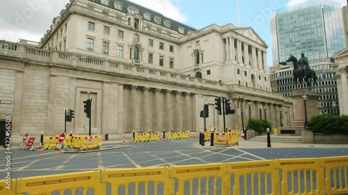 Lockdown in London, the closed Bank of England on empty Threadneedle Street roads, during the Coronavirus pandemic 2020. photo