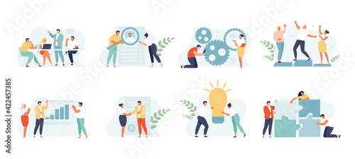 Business people group concept. Planning, teamwork, discussion, collaboration. Vector web Template Set