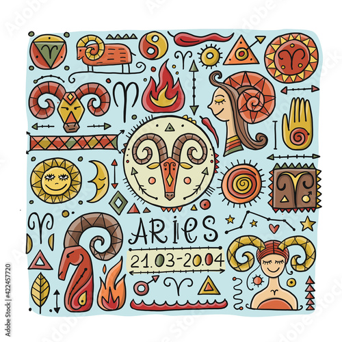 Illustration of Aries zodiac sign. Element of Fire. Design of Astrology Calendar, Horoscope, Print.