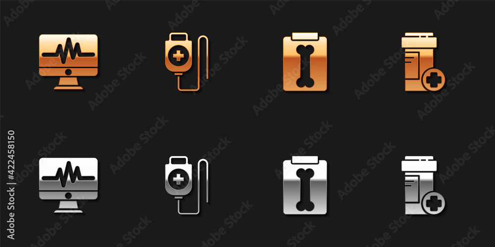 Set Monitor with cardiogram, IV bag, X-ray shots and Medicine bottle icon. Vector Set Monitor with cardiogram, IV bag, X-ray shots and Medicine bottle icon. Vector